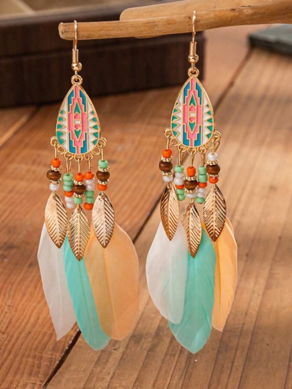 Boho Feather Drop Earrings in Turquoise & Peach colors